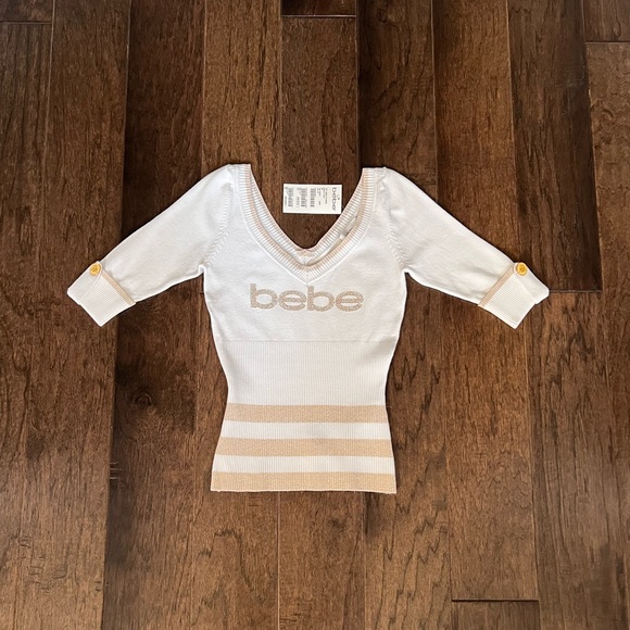 NWT Bebe White and Gold Rhinestone 3/4 sleeve V-Neck Knit Top Fitted Sweater S M - Picture 5 of 15